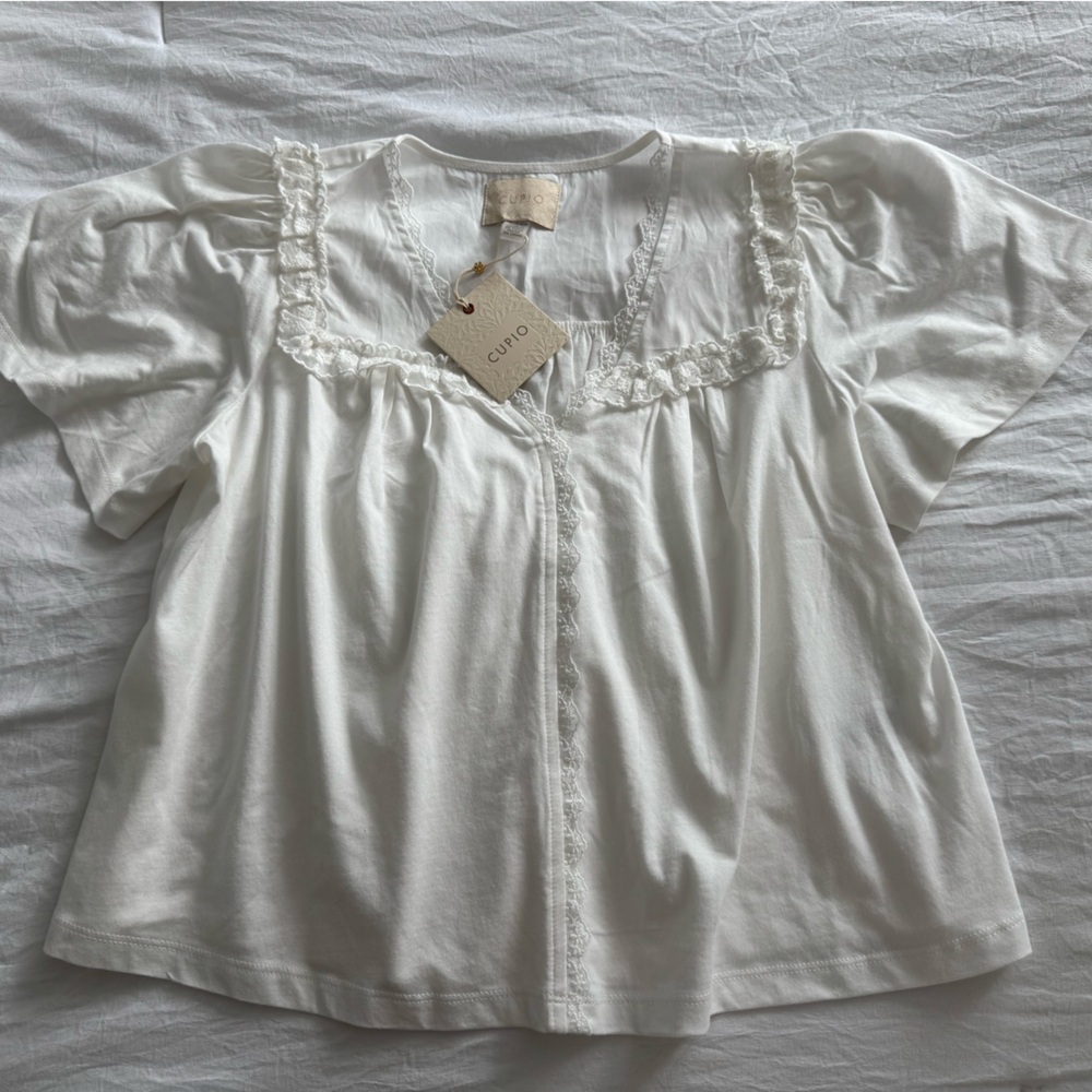 Cupio White Lace-Trim Cotton Peplum Top